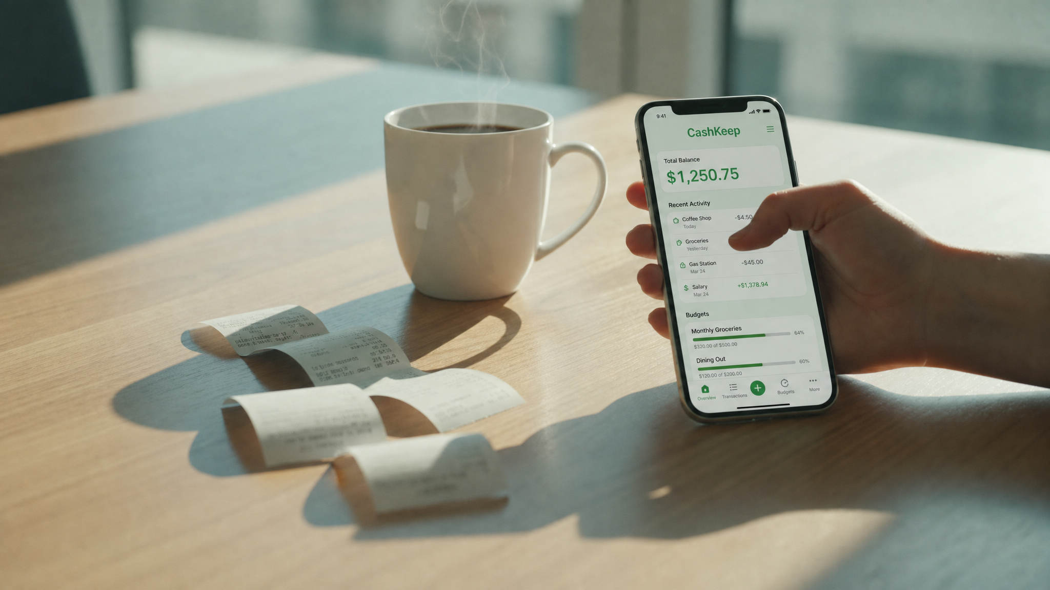 CashKeep app showing receipt tracking on a smartphone